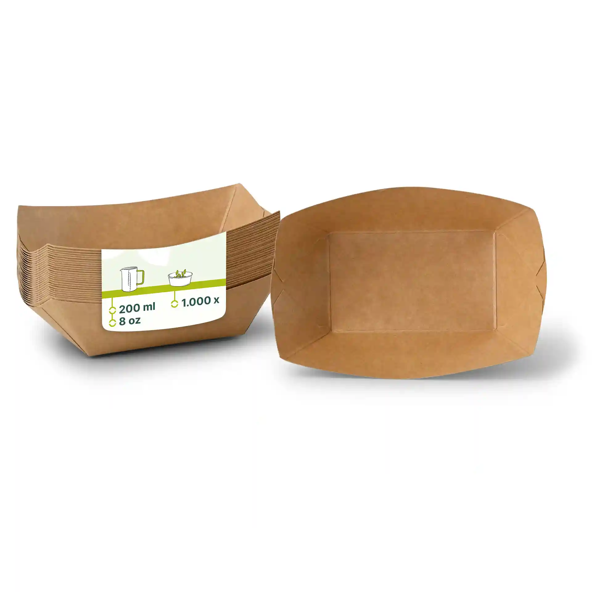 Plateaux à snacks en carton brun de forme rectangulaire, avec une étiquette indiquant le volume et les détails de quantité.