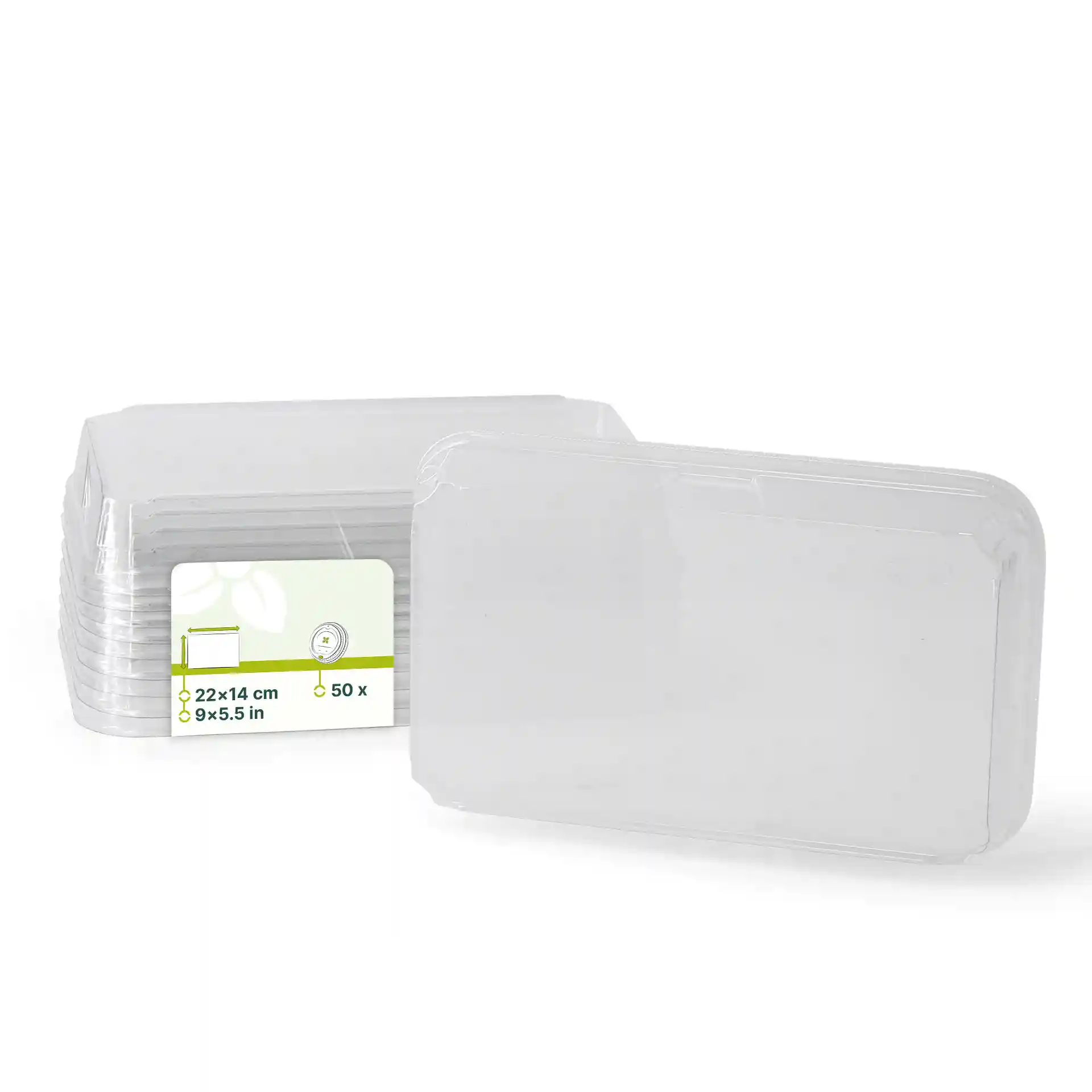 Couvercles en PET transparents pour boîtes à sushi, mesurant 22 x 14 cm, empilés avec une étiquette indiquant la quantité et les dimensions.