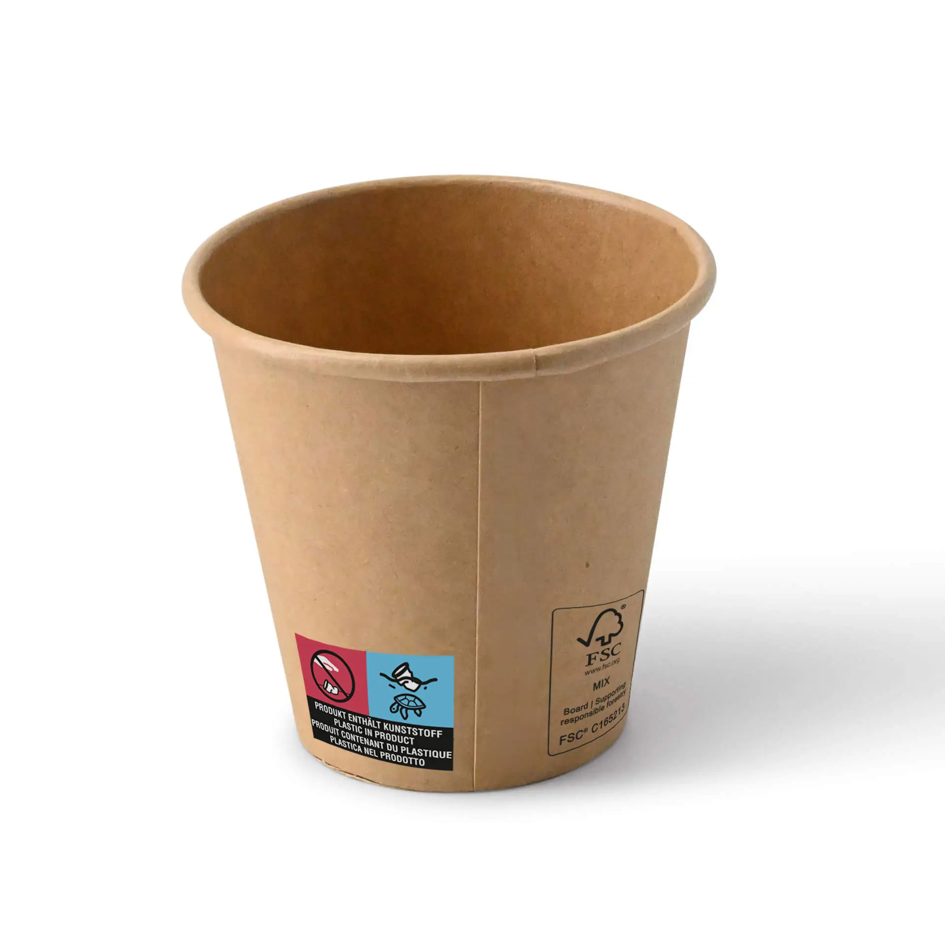 Gobelet en papier brun de 6 oz avec revêtement PE ; conçu pour les boissons dans les cafés ou les boulangeries. Avec des symboles imprimés sur le côté.