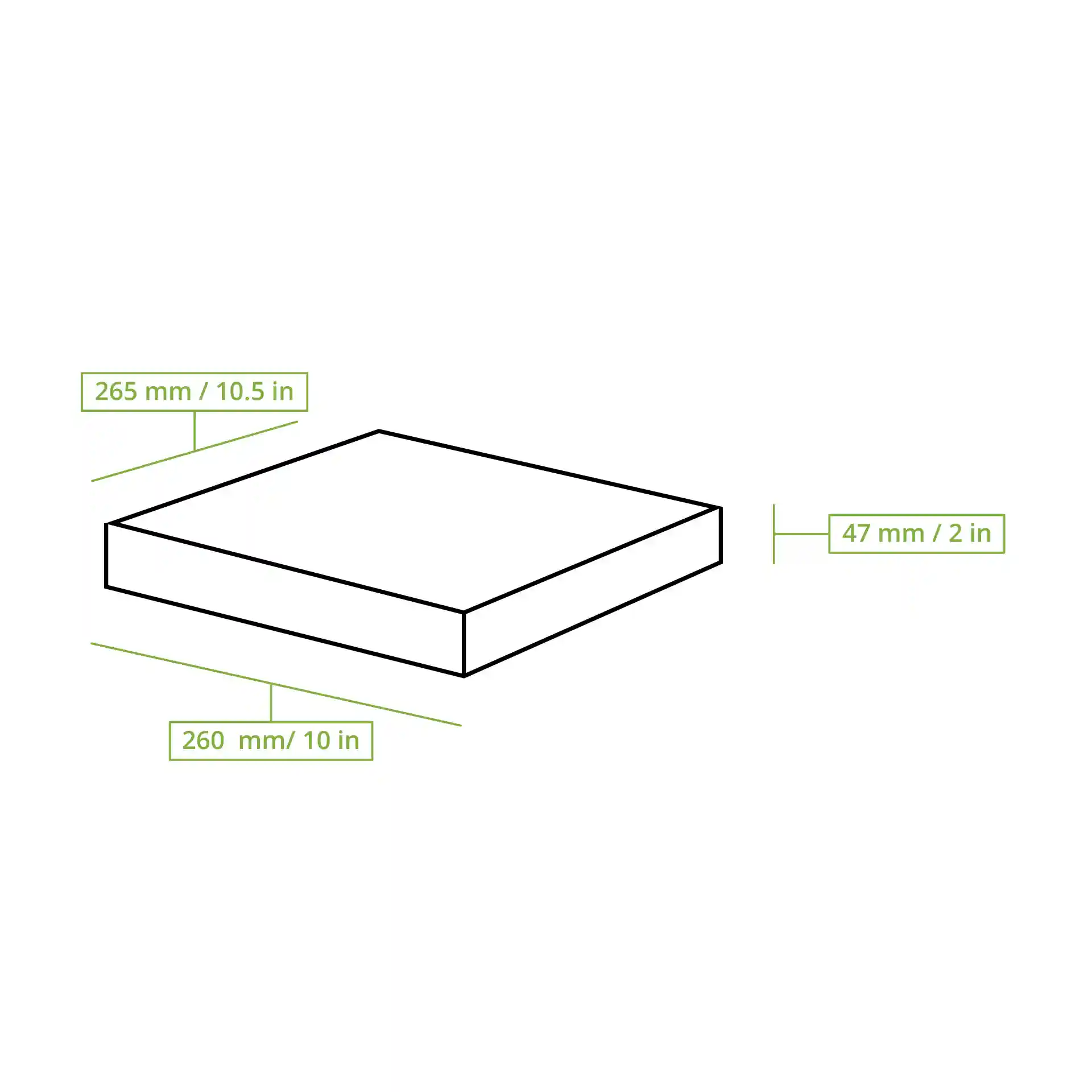 Dessin schématique d'une boîte à pizza carrée avec dimensions étiquetées : 265 mm de longueur, 260 mm de largeur et 47 mm de hauteur.