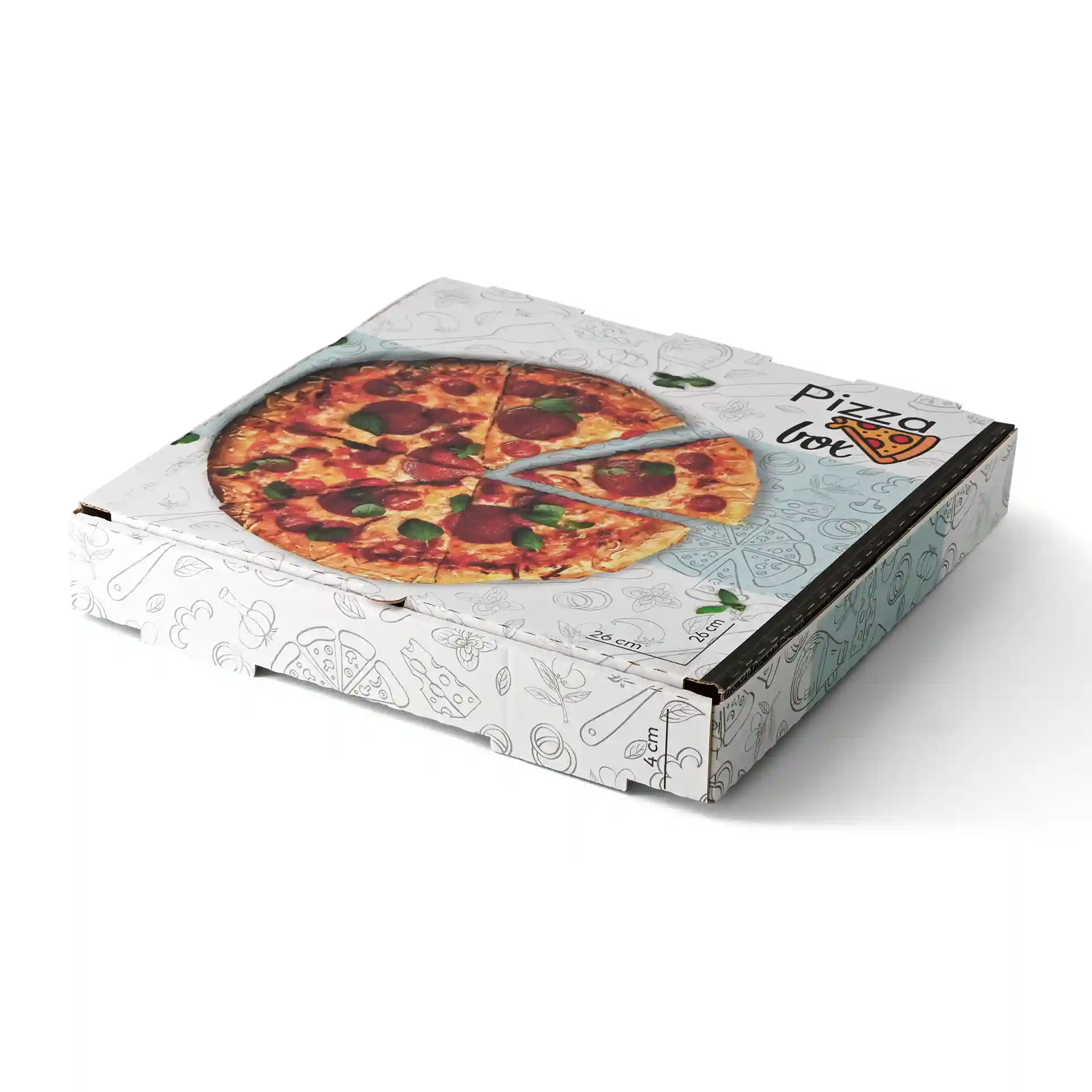 Boîte à pizza avec un design de pizza imprimé sur le dessus, dimensions 26 x 26 x 4 cm, fond blanc.
