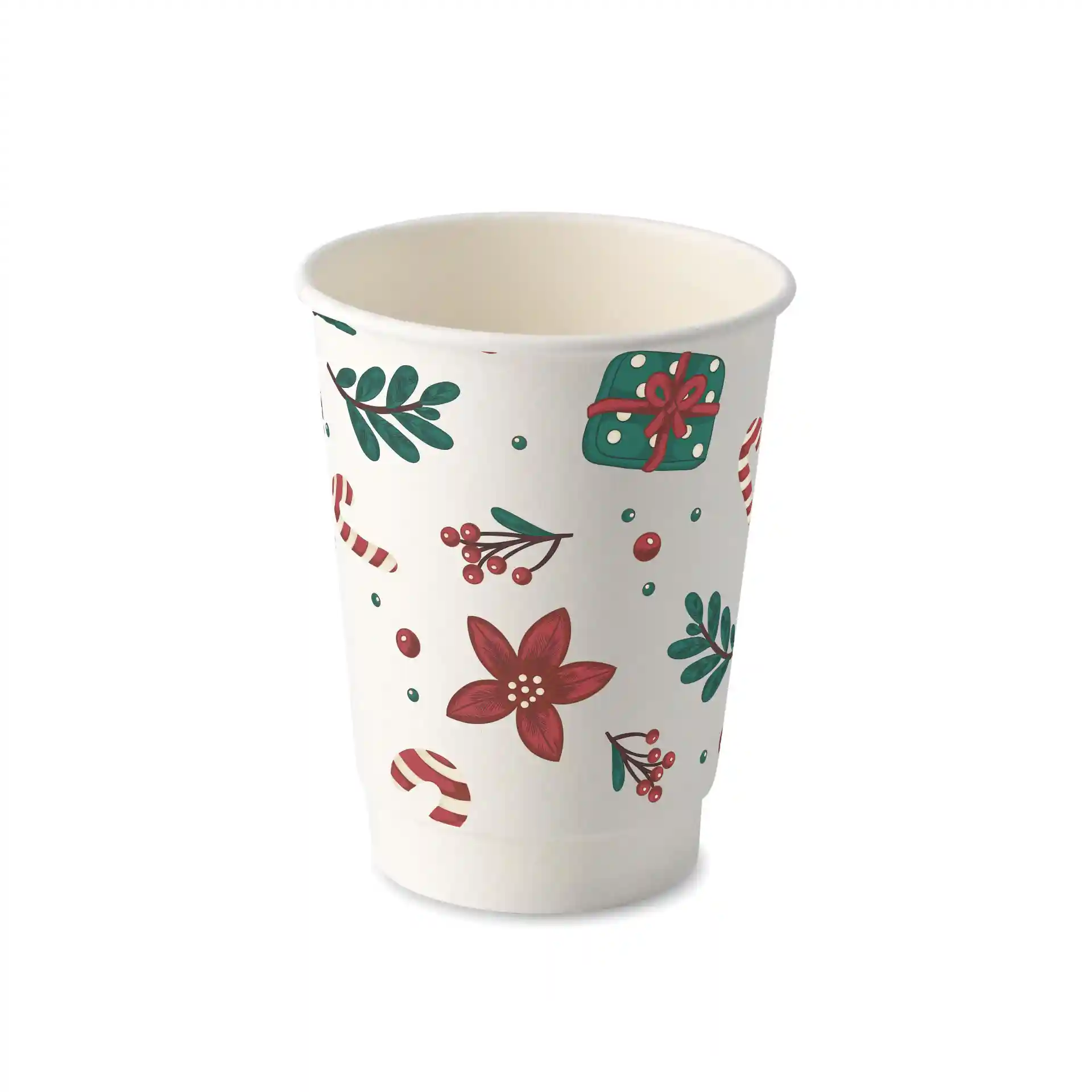 Tasse à café blanche à double paroi avec un design hivernal, fleurs rouges, feuilles vertes et cannes en sucre.