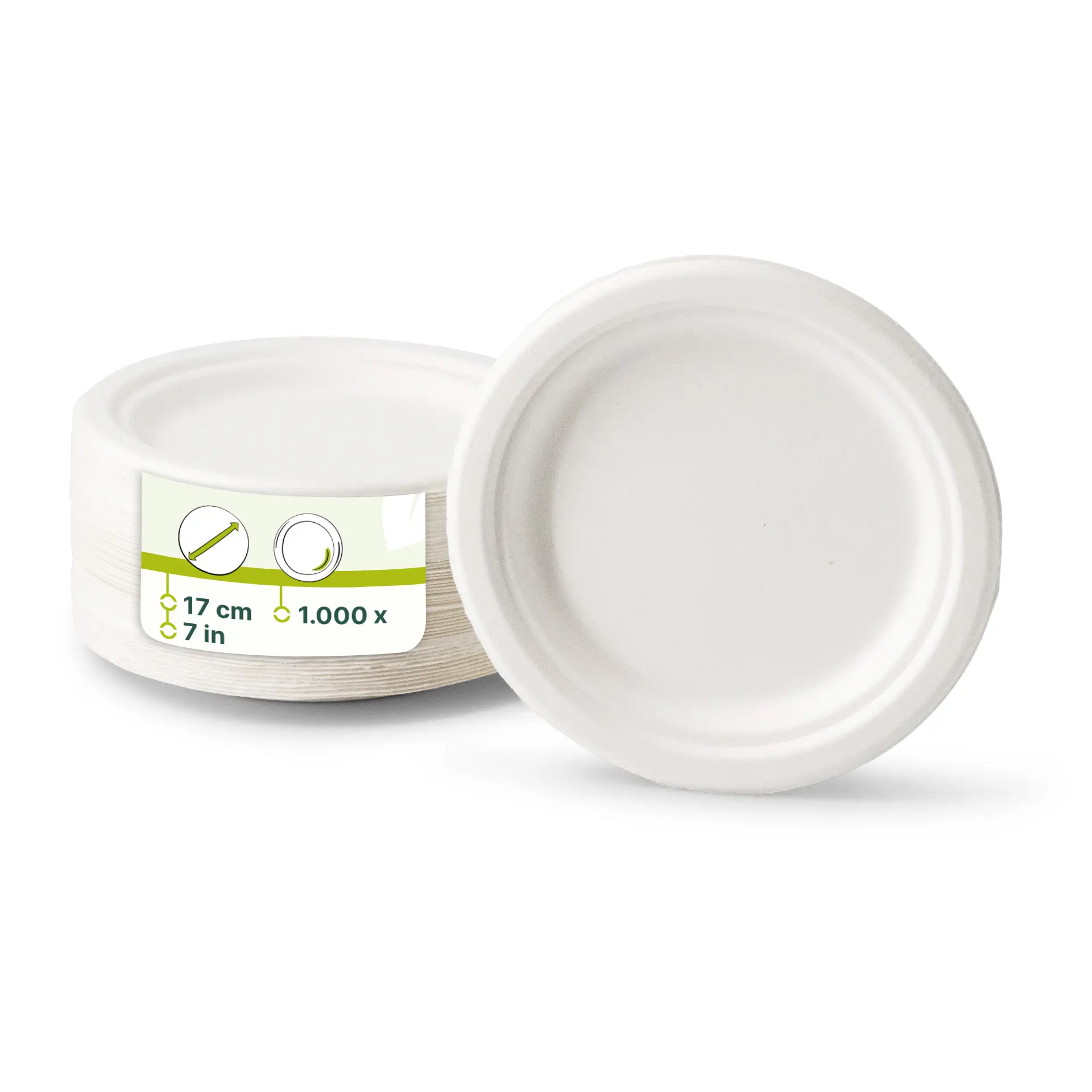 Assiettes jetables rondes en canne à sucre, 17 cm de diamètre, adaptées à différents types d'aliments.